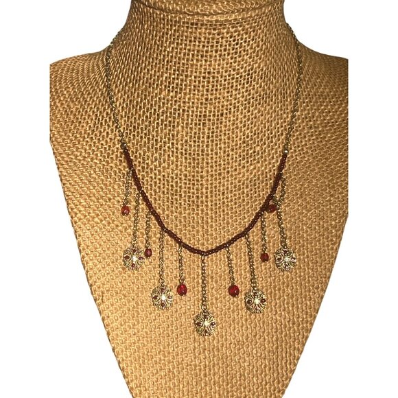Gold Tone Necklace Red Seed Beads Dangling Floral Charms Choker Collar Boho 15" - Picture 1 of 4